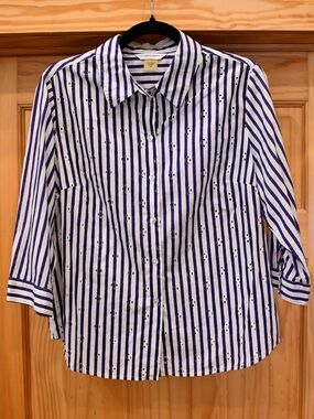Allison Daley Navy & White Vertical Stripe 3/4 Sleeve Button-Down Shirt 10P
